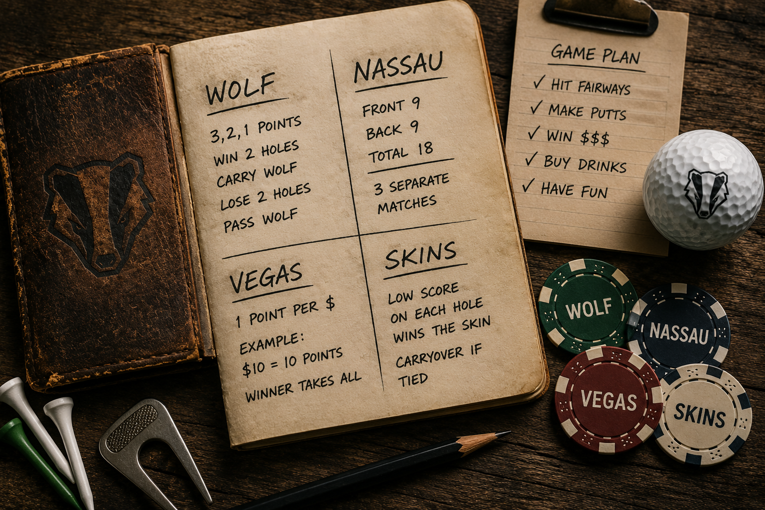 Hand-written Iron Badger game rules — Wolf, Nassau, Vegas, and Skins — with poker chips and a badger-stamped golf ball